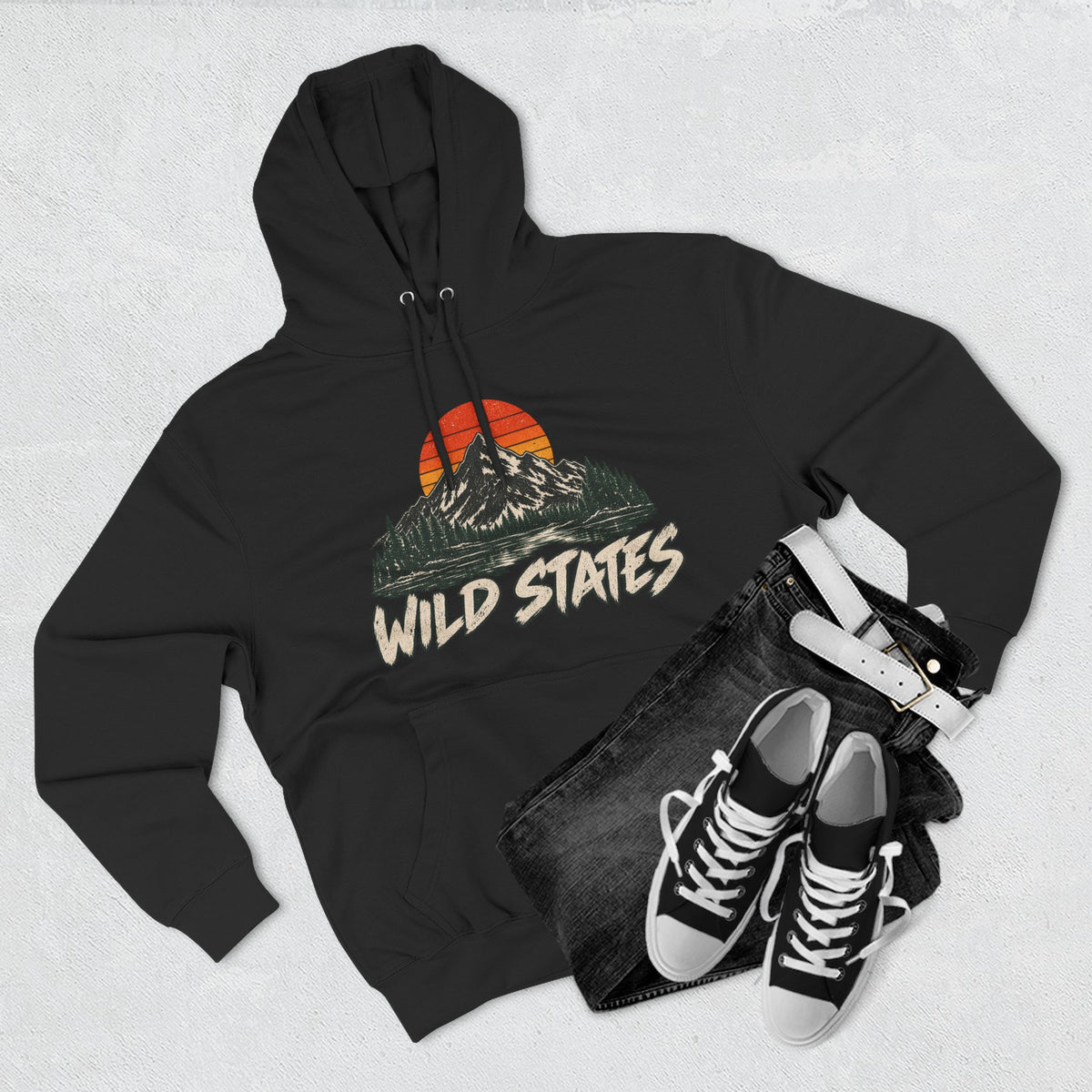 Wild States Mountain Hoodie — Retro Sunset Outdoor Pullover