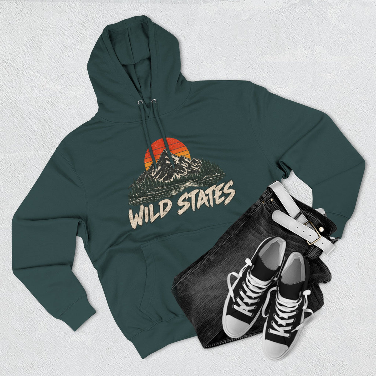 Wild States Mountain Hoodie — Retro Sunset Outdoor Pullover