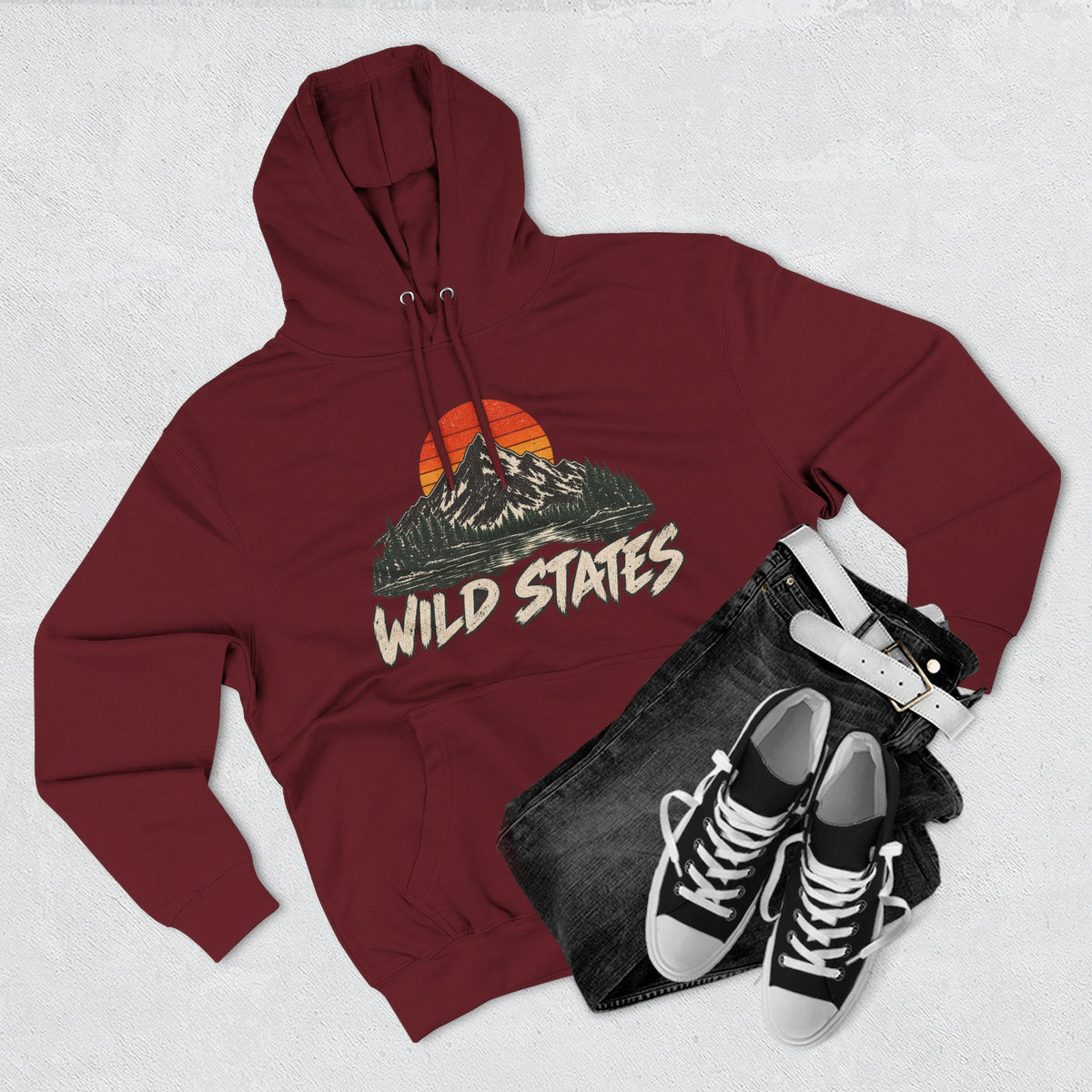 Wild States Mountain Hoodie — Retro Sunset Outdoor Pullover