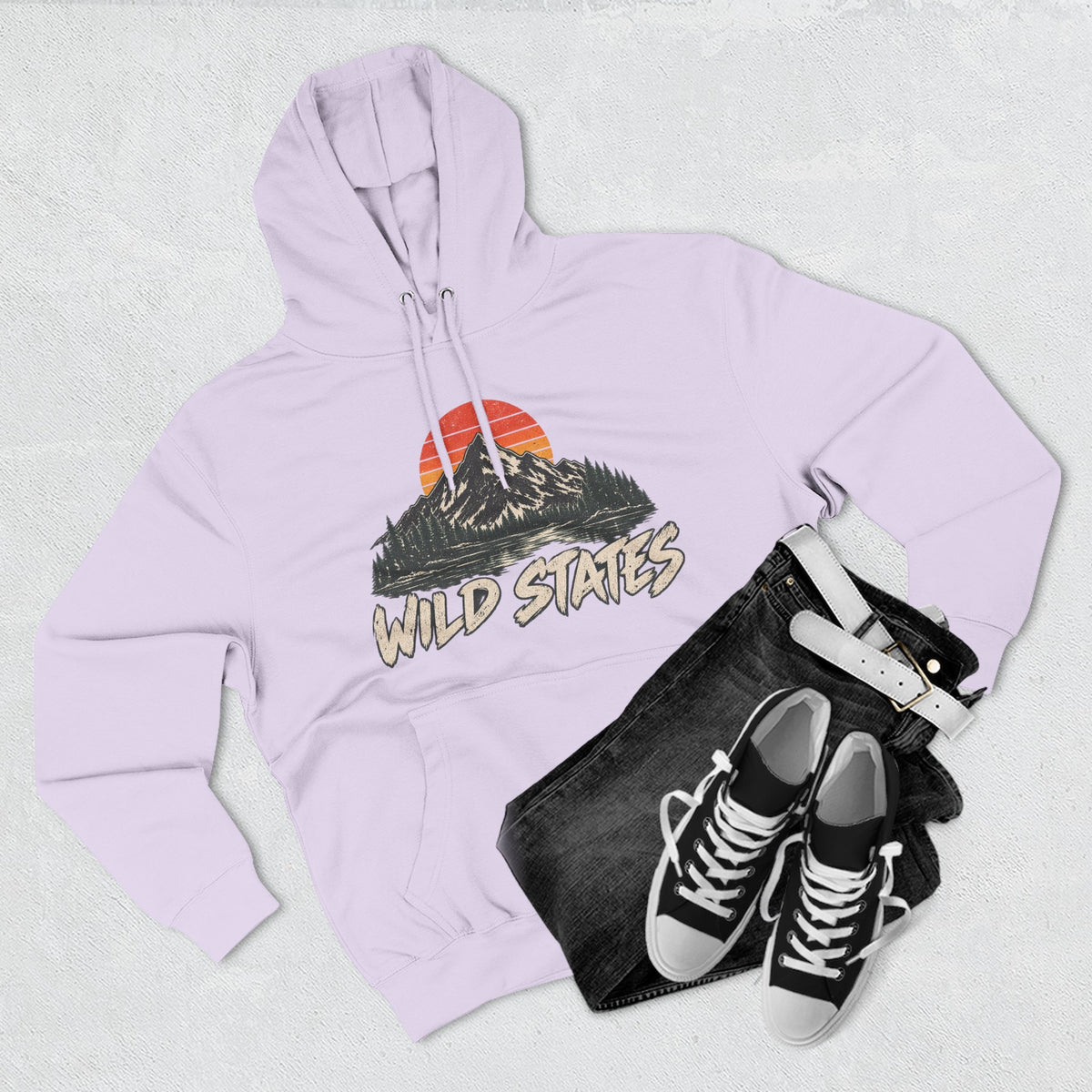 Wild States Mountain Hoodie — Retro Sunset Outdoor Pullover